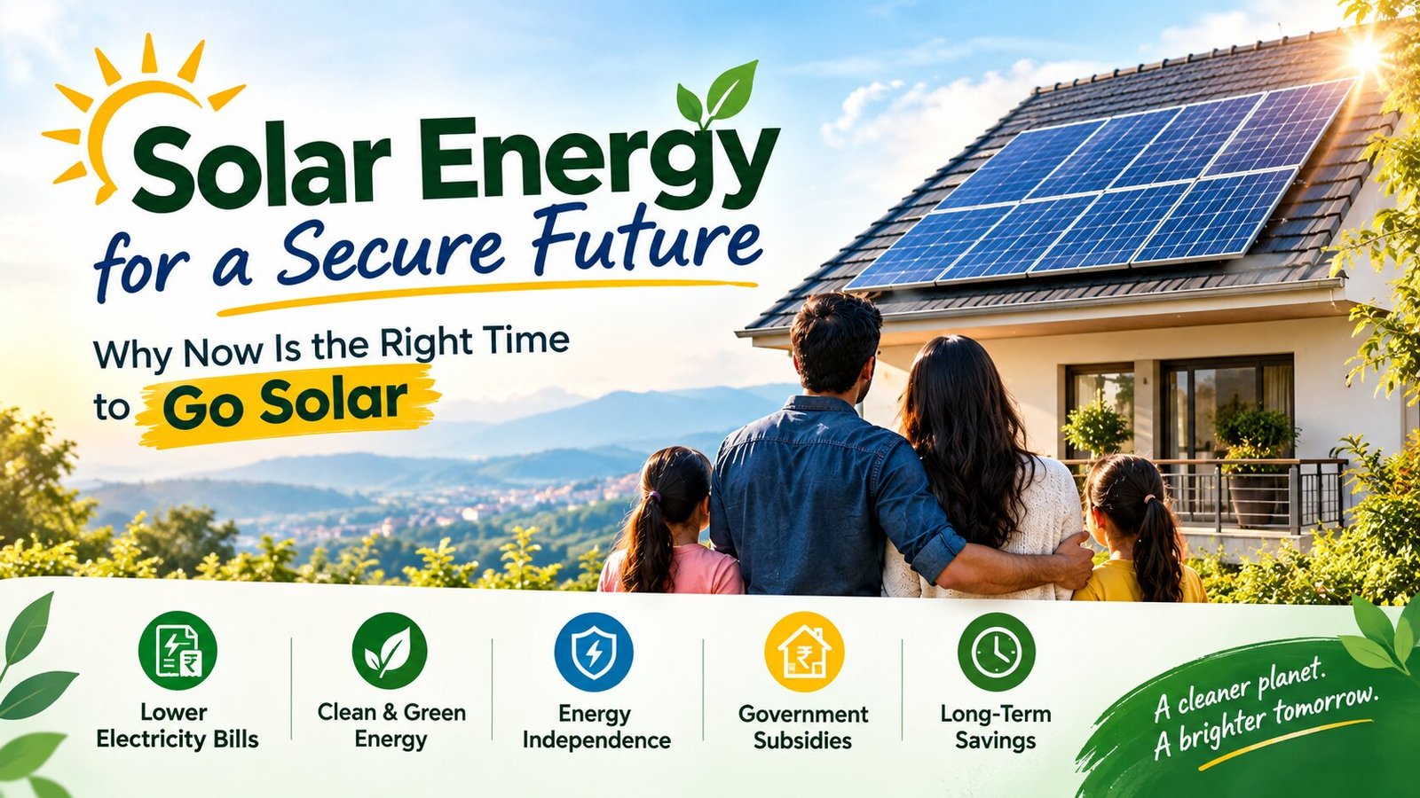 Solar energy for a secure future with rooftop solar panels on a modern home, highlighting clean energy, lower electricity bills, energy independence, subsidies, and long-term savings.